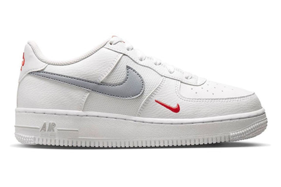 Pre-owned Nike Air Force 1 Low White Wolf Grey Crimson Mini Swoosh (gs) In White/wolf Grey-crimson