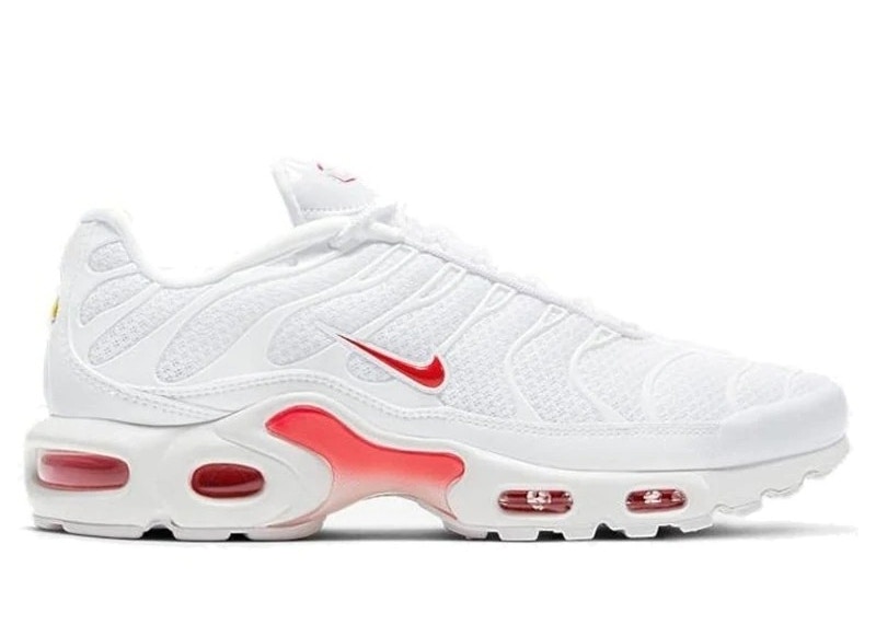 white nike air max with red tick