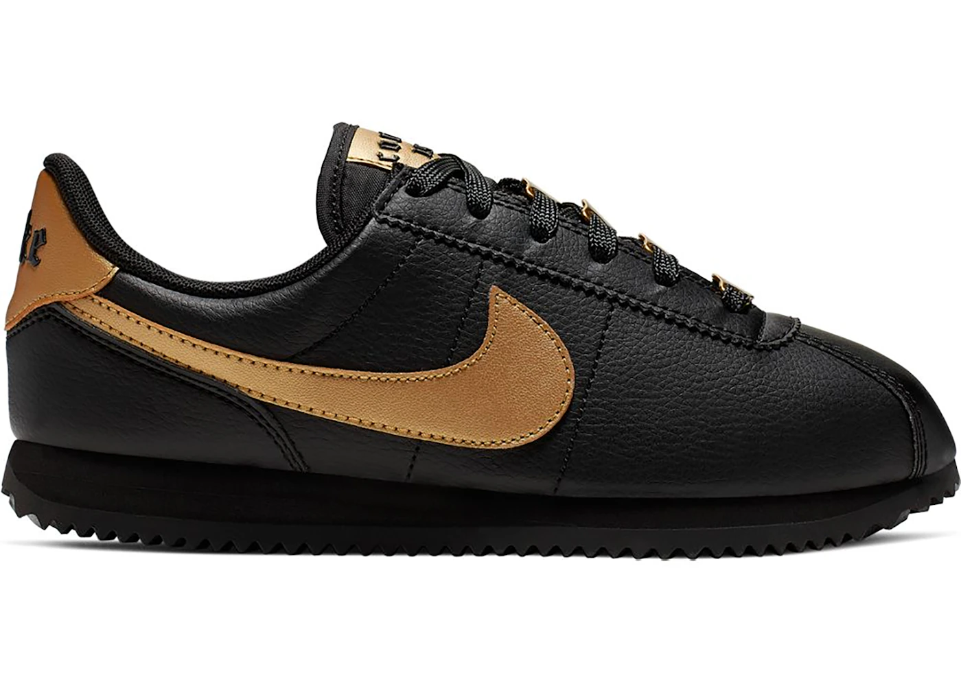 Nike cortez black gold leather hot sale