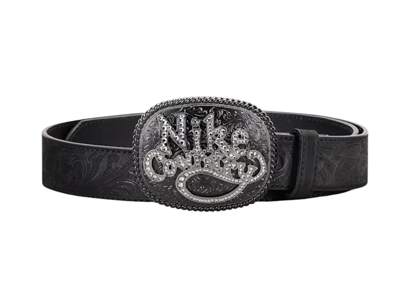 Nike Country Rhinestone Plaque Buckle Embossed Leather Belt Black