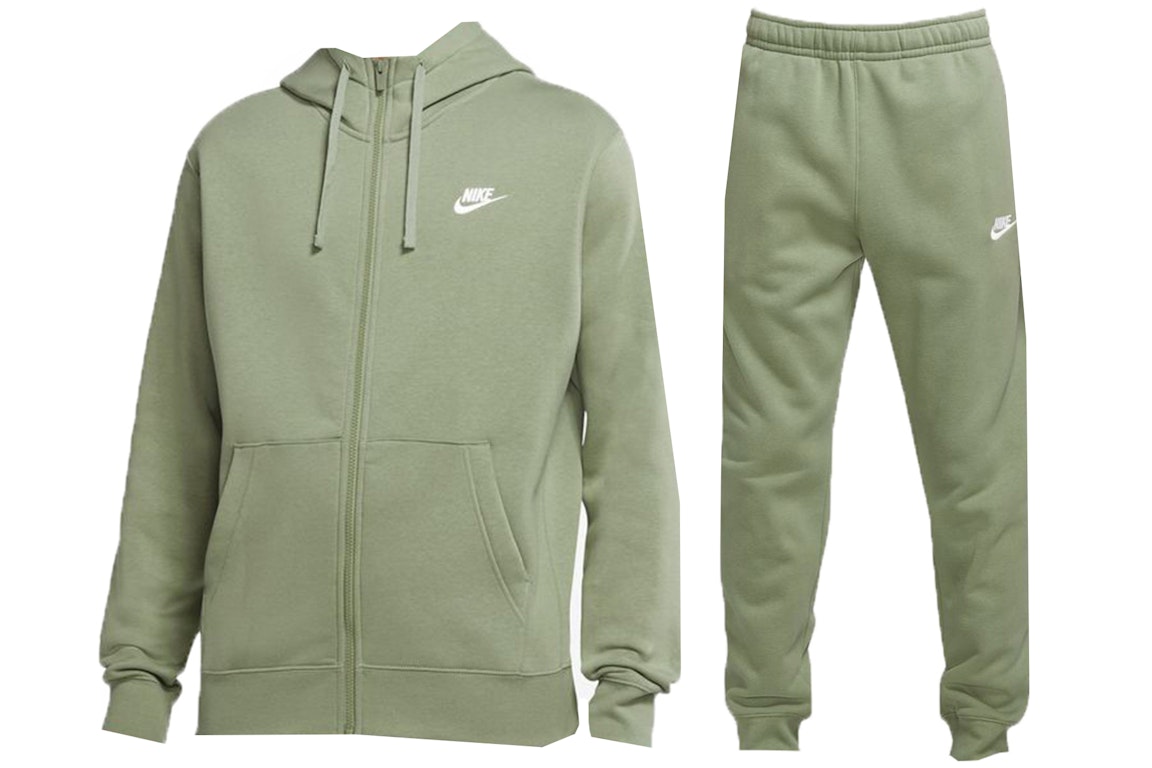 Pre-owned Nike Sportswear Club Fleece Full-zip Hoodie & Joggers Set Oil Green/oil Green/white