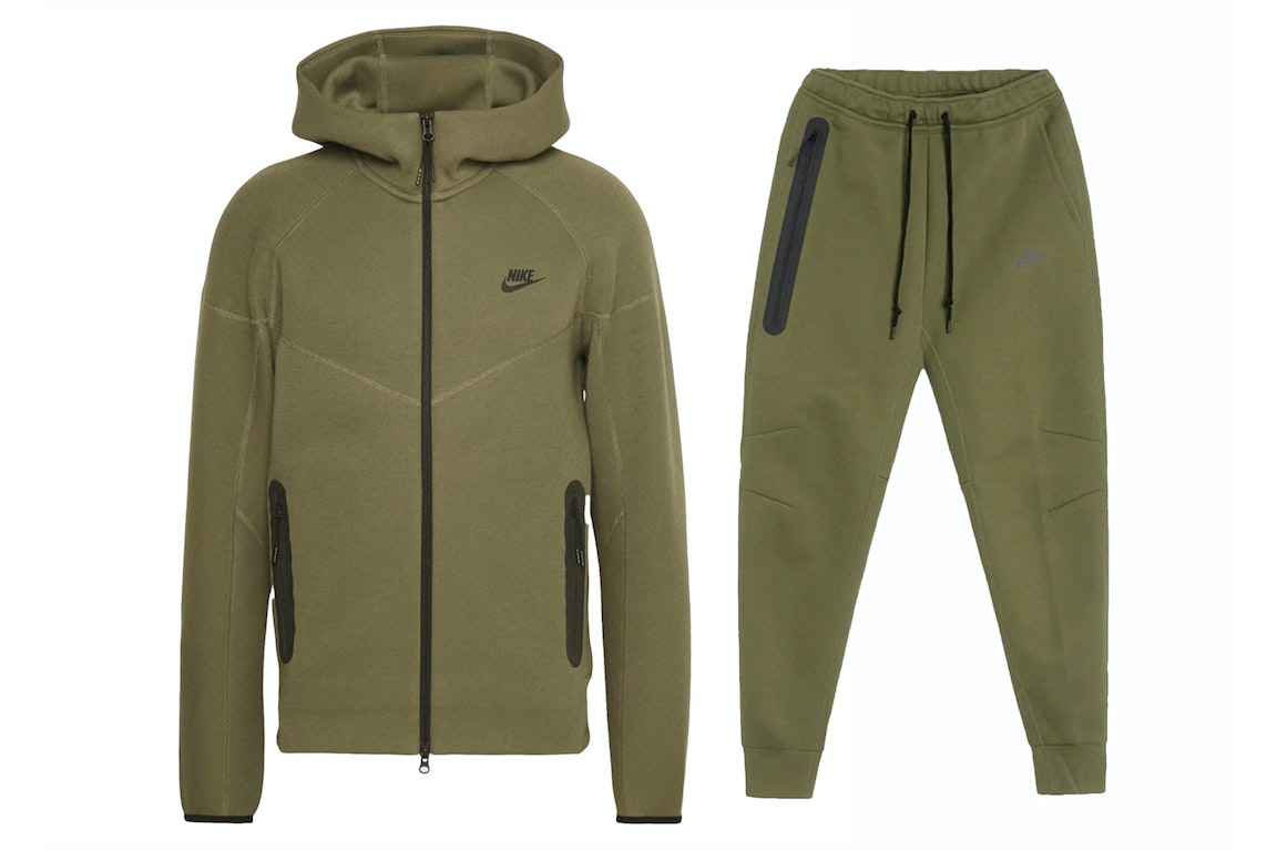 Pre-owned Nike Sportswear Tech Fleece Windrunner Full Zip Hoodie & Joggers Set Medium Olive/black