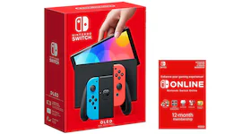 Nintendo Switch OLED with Online 12 Month Family Membership Bundle NS-HEGSKABAA Neon Blue/Neon Red