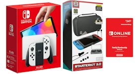 Nintendo Switch OLED with Online 12 Month Family Membership and Surge 11-In-1 Accessory Starter Pack Bundle NS-HEGSKAAAA/SG60047 White
