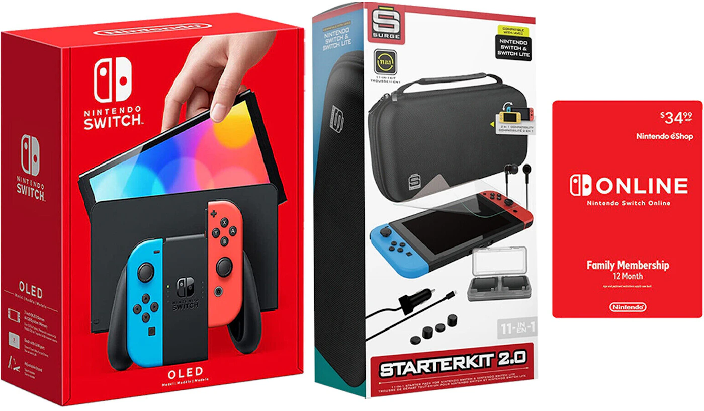 leninismen dyb marmor Nintendo Switch OLED with Online 12 Month Family Membership and Surge  11-In-1 Accessory Starter Pack Bundle NS-HEGSKABAA/SG60047 Neon Blue/Neon  Red - US