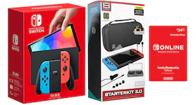 Nintendo Switch OLED with Online 12 Month Family Membership and Surge 11-In-1 Accessory Starter Pack Bundle NS-HEGSKABAA/SG60047 Neon Blue/Neon Red