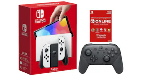 Nintendo Switch OLED with Pro Controller and Online 12 Month Family Membership Bundle NS-HEGSKAAAA White