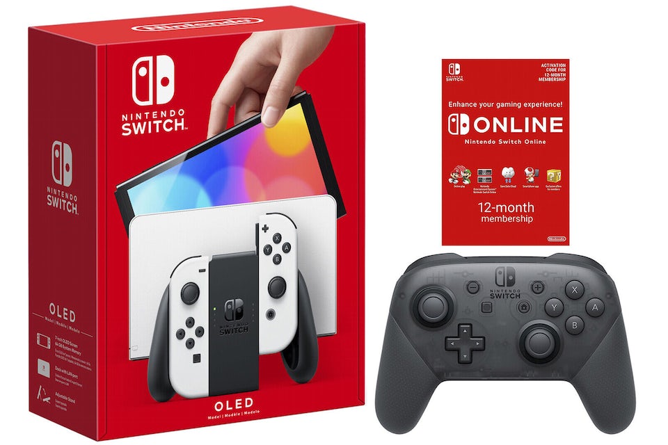 Nintendo Switch OLED with Pro Controller and Online 12 Month Family  Membership Bundle NS-HEGSKAAAA White - US