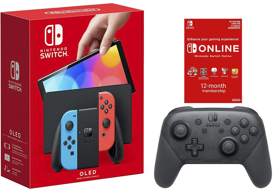 Nintendo Switch OLED with Pro Controller and Online 12 Month Family  Membership Bundle NS-HEGSKABAA Neon Blue/Neon Red - US
