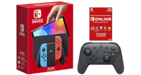 Nintendo Switch OLED with Pro Controller and Online 12 Month Family Membership Bundle NS-HEGSKABAA Neon Blue/Neon Red