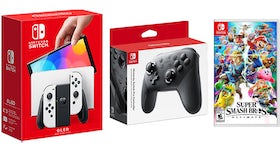 Nintendo Switch OLED with Pro Controller and Super Smash Bros Ultimate Game Bundle NS-HEGSKAAAA White