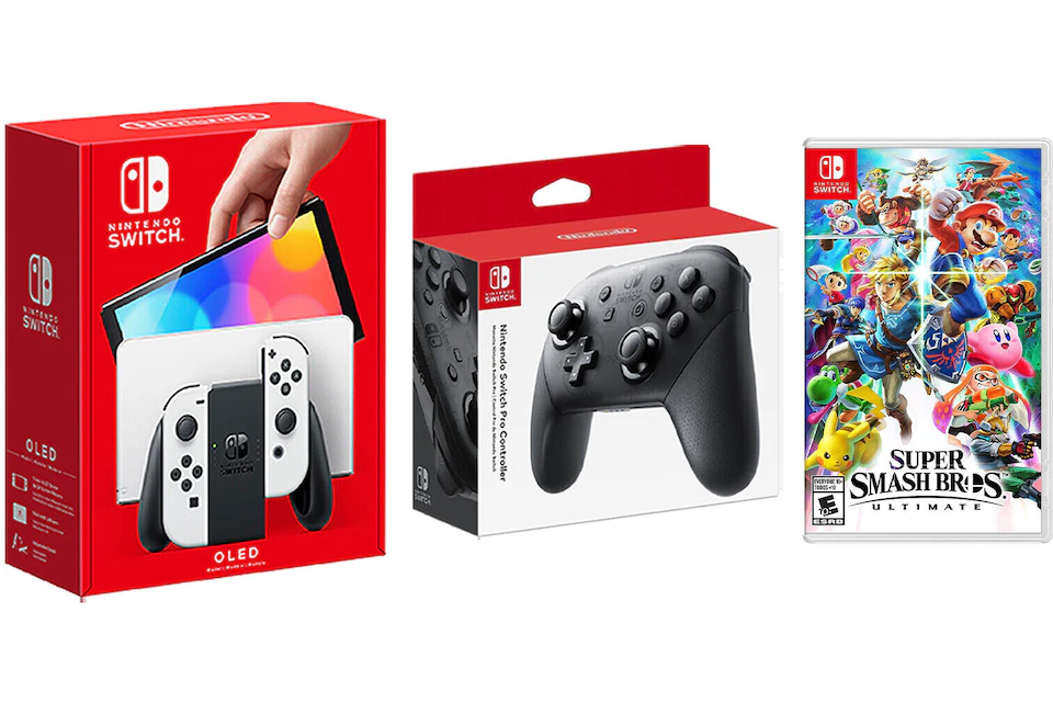 Nintendo Switch OLED with Pro Controller and Super Smash Bros Ultimate Game Bundle NS-HEGSKAAAA White