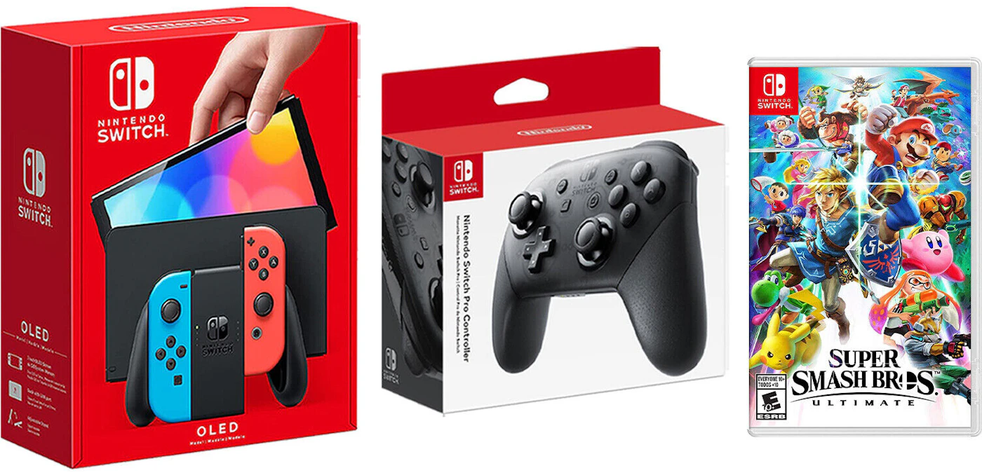 Nintendo Switch OLED with Pro Controller and Super Smash Bros Ultimate Game  Bundle NS-HEGSKABAA Neon Blue/Neon Red de la Collection - FR