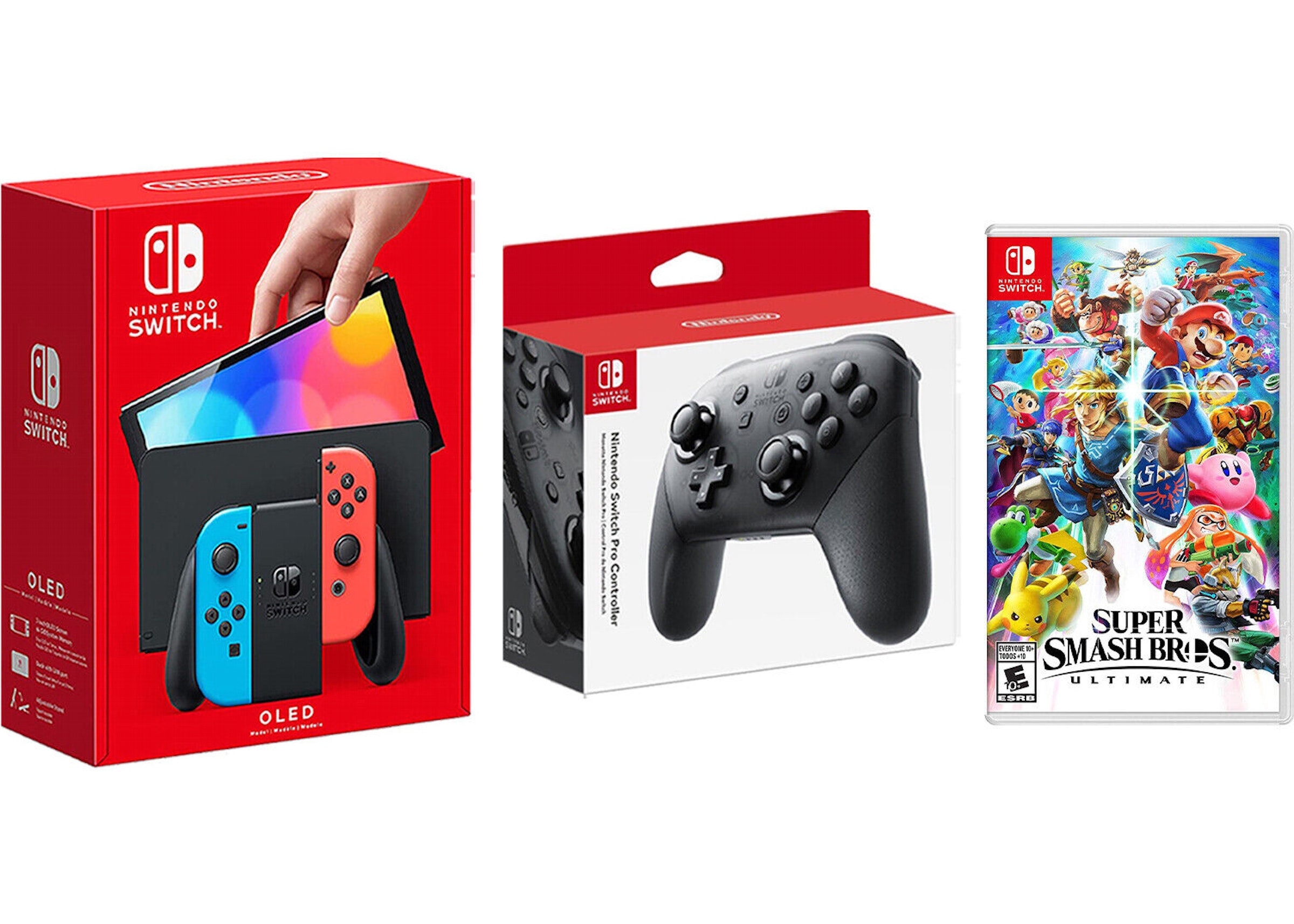 Nintendo Switch OLED with Pro Controller and Super Smash Ultimate Game Bundle NS-HEGSKABAA Neon Blue/Neon Red - US