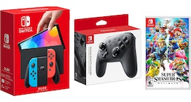 Nintendo Switch OLED with Pro Controller and Super Smash Bros Ultimate Game Bundle NS-HEGSKABAA Neon Blue/Neon Red