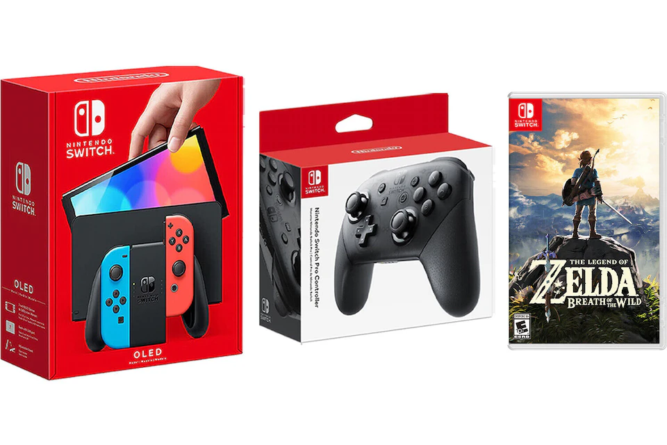 Nintendo Switch OLED with Pro Controller and The Legend of Zelda: Breath of the Wild Game Bundle NS-HEGSKABAA Neon Blue/Neon Red
