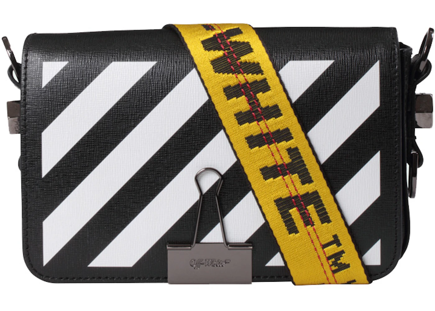 OFF-WHITE Binder Clip Bag Diag Mini Black White Yellow in Saffiano Leather with Gunmetal - US OFF-WHITE Binder Clip Bag Diag Mini Black White Yellow in Saffiano Leather with Gunmetal - US