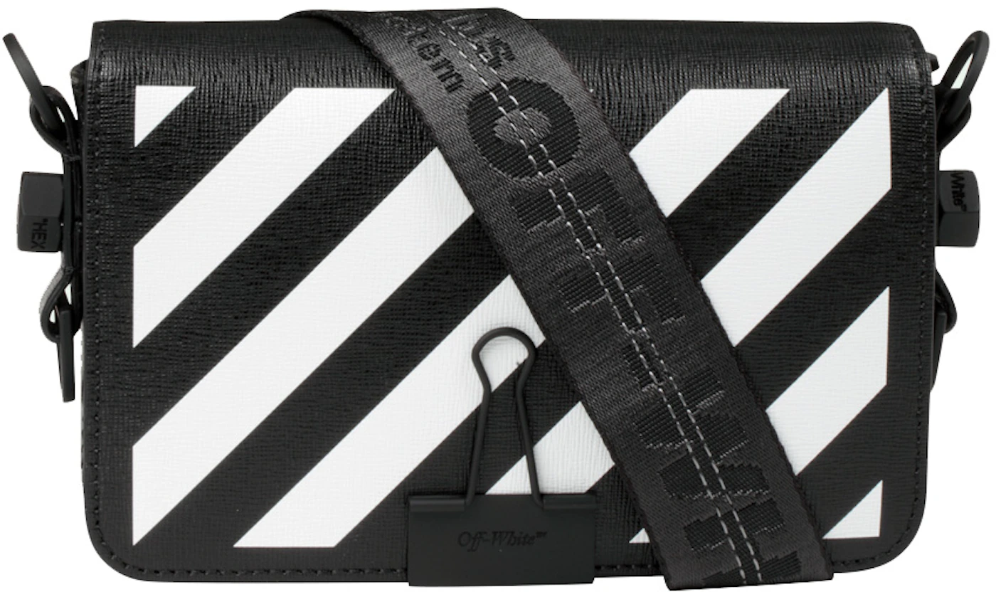 OFF-WHITE Binder Clip Bag Diag Mini Black White in Saffiano Leather ...