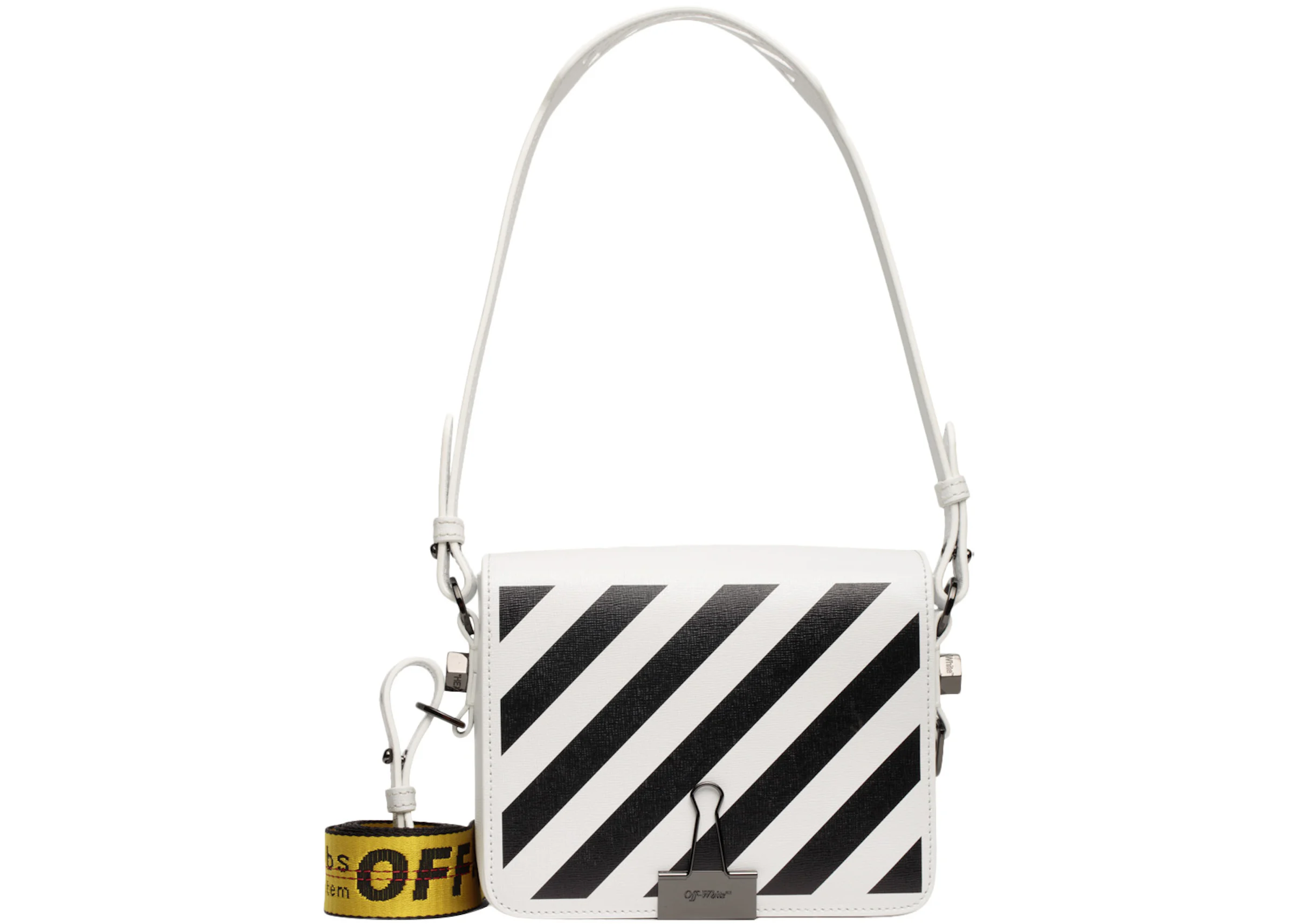 OFF-WHITE Binder Clip Bag Diag White Black Yellow in Saffiano Leather ...