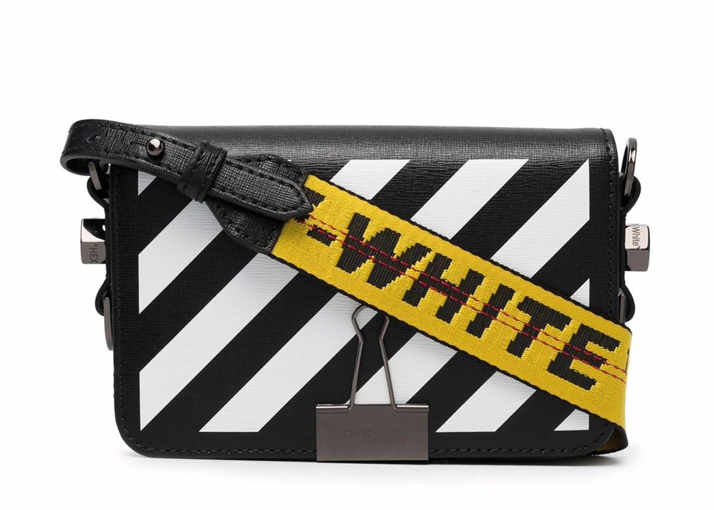 OFF-WHITE Binder Clip Bag SS22 Mini Diag Stripe Black White Yellow in ...