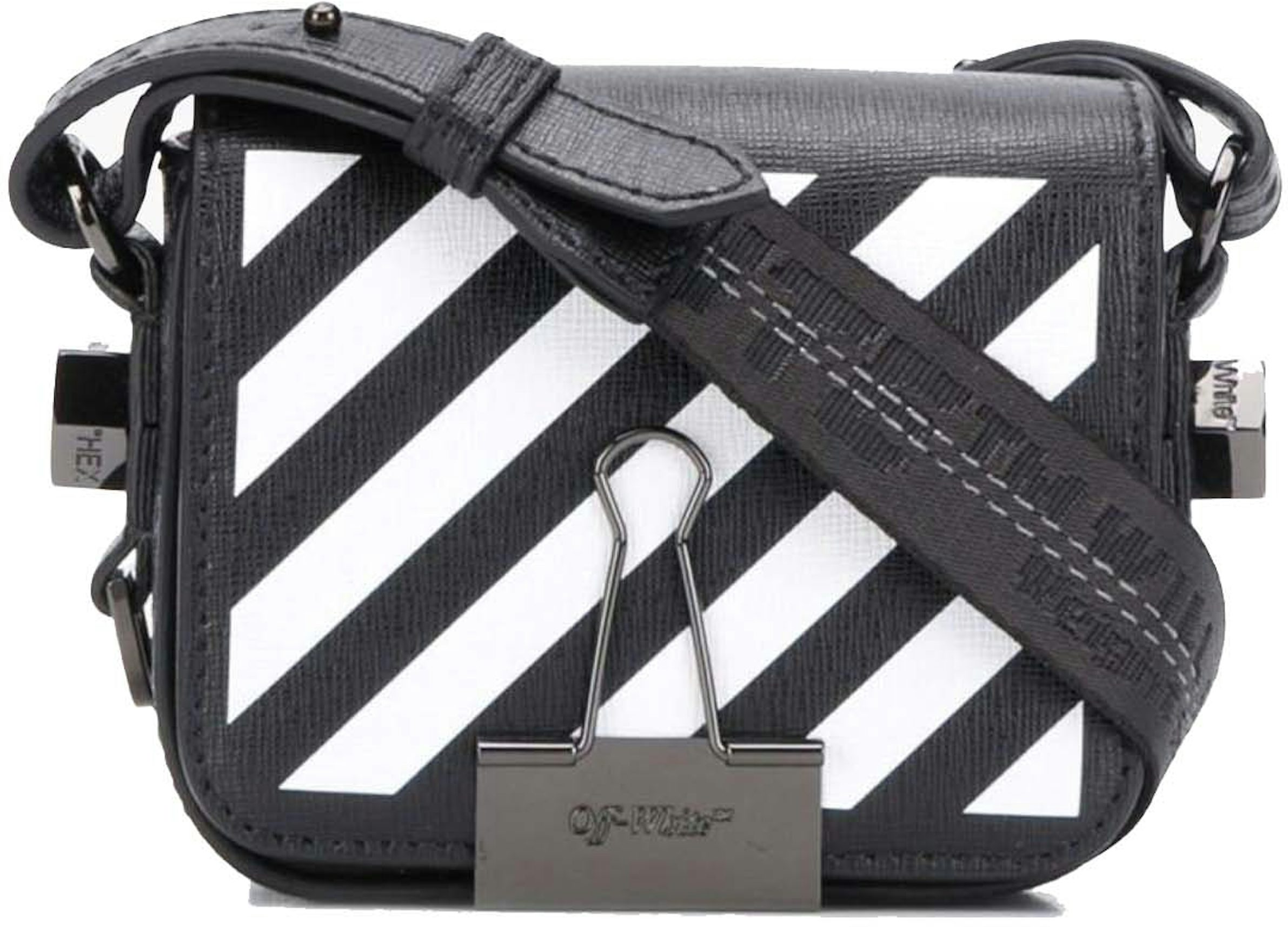 OFF-WHITE Saffiano Striped Mini Diag Binder Clip Bag White Black 1159759