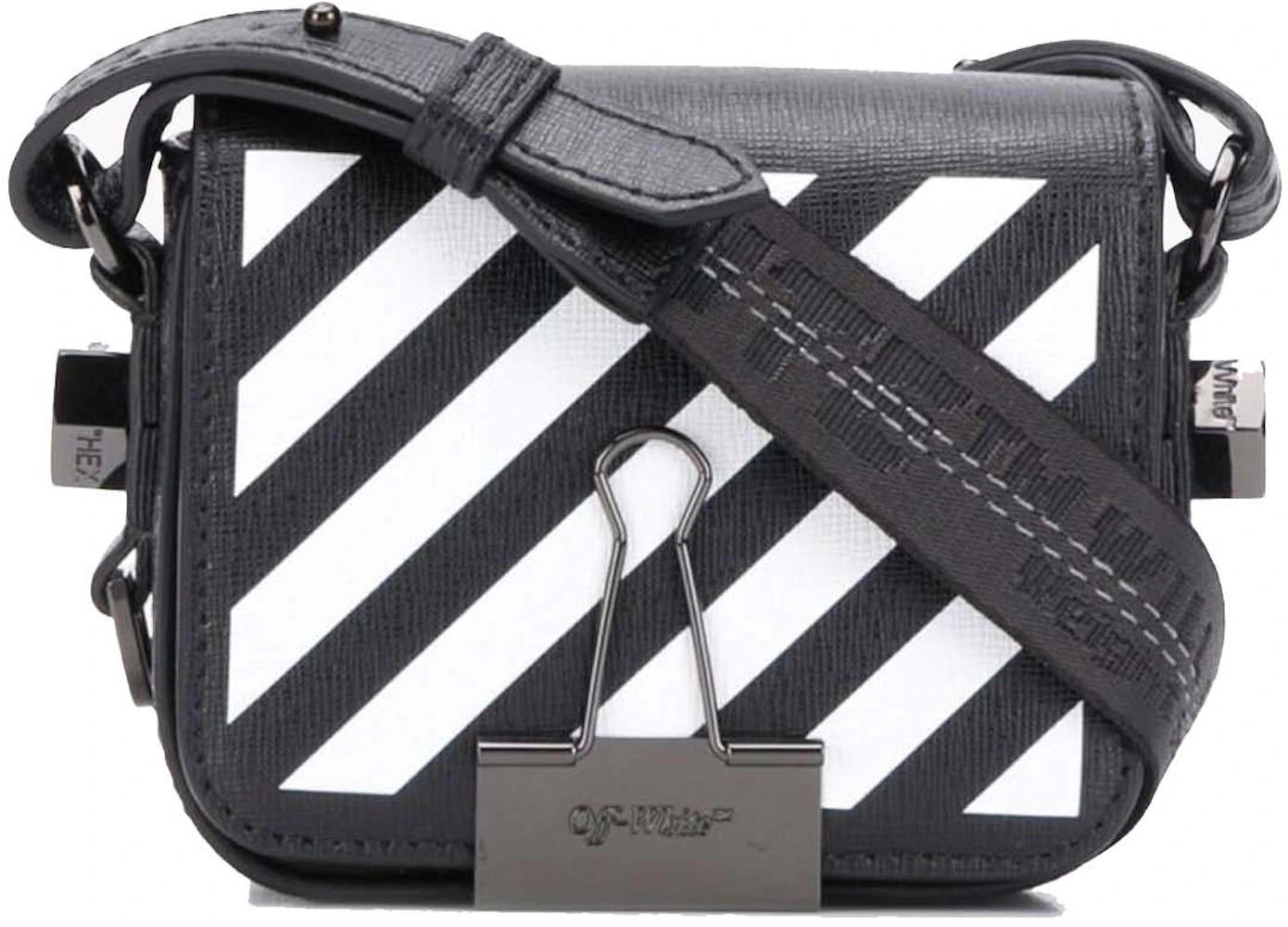 OFF-WHITE Binder Clip Bag Diag Baby Black White in Leather with ...
