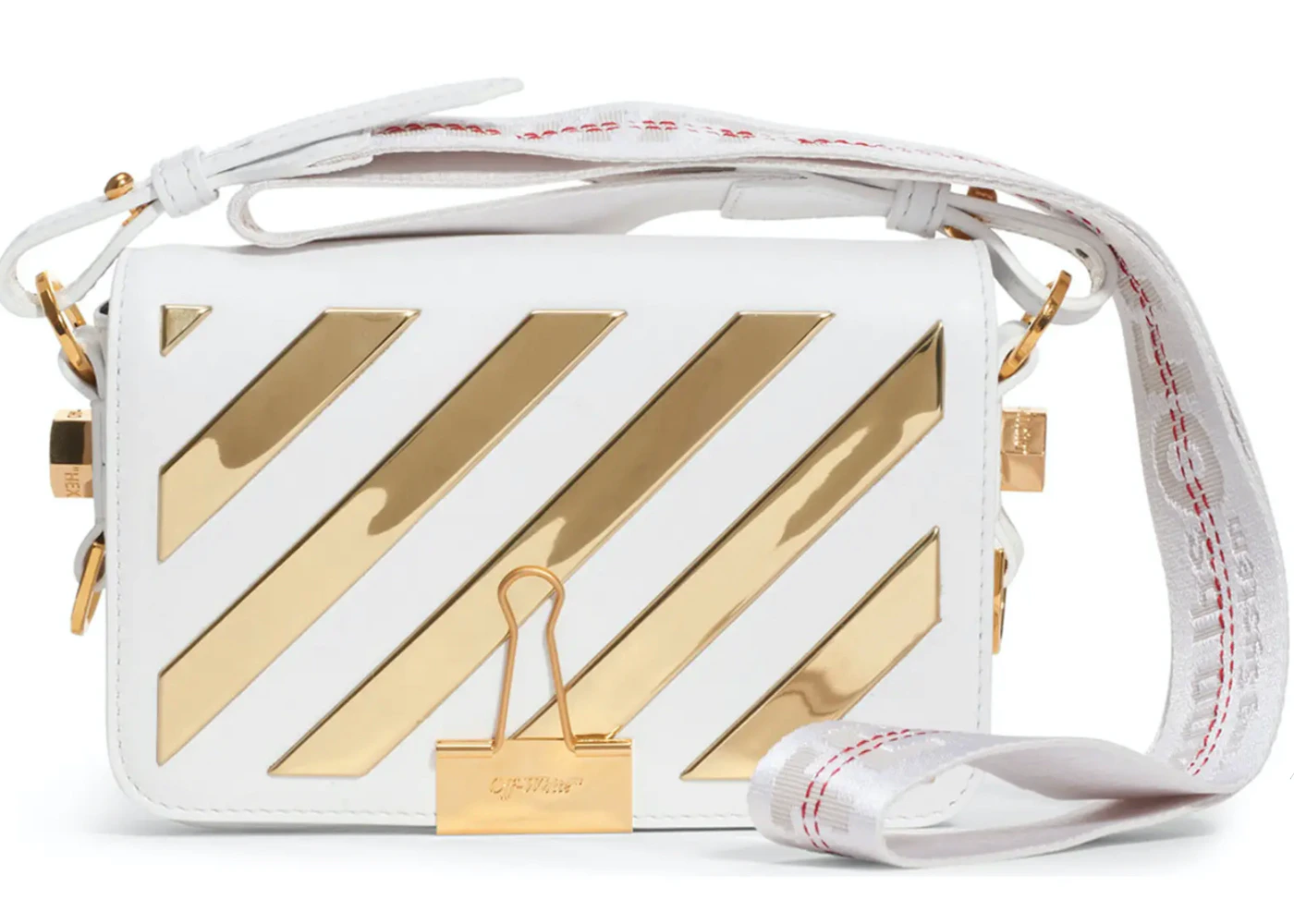 OFF-WHITE Binder Clip Flap Bag Metallic Diagonal Stripe Mini White