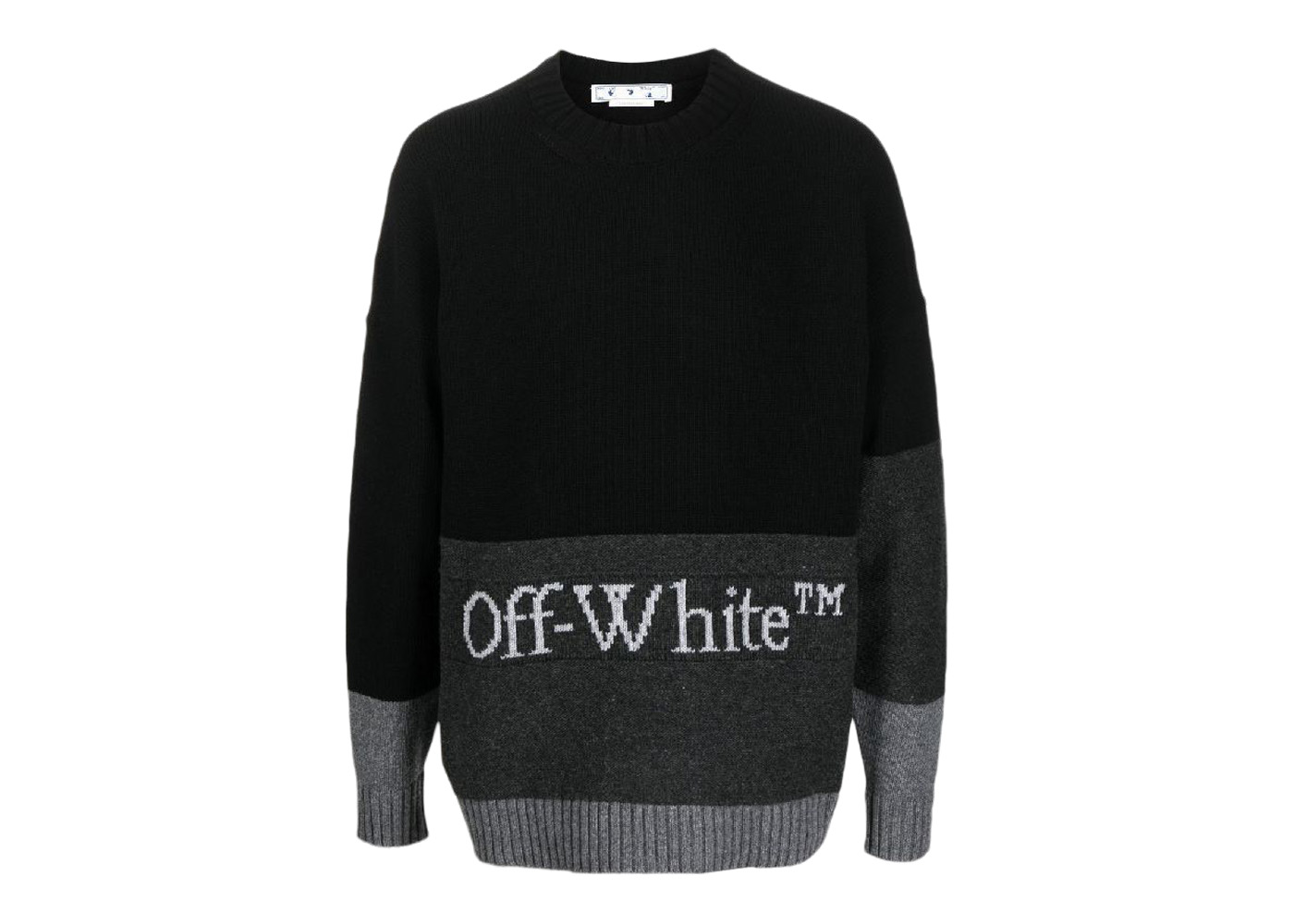 OFF-WHITE Blocked Intarsia-Logo Wool Crew Sweater Black/Grey Men's
