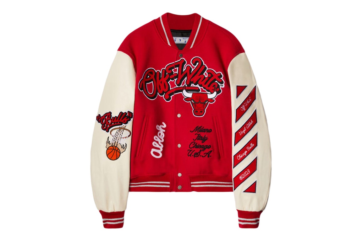 Pre-owned Off-white C/o Chicago Bulls Varsity Jacket Red/cream