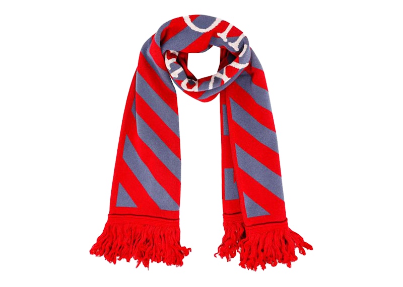 OFF-WHITE Diag Striped Knit Fringed Scarf Red/Grey