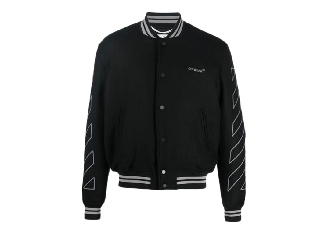 Pre-owned Off-white Diagonal Outline Logo-embroidered Wool Varsity Jacket Black