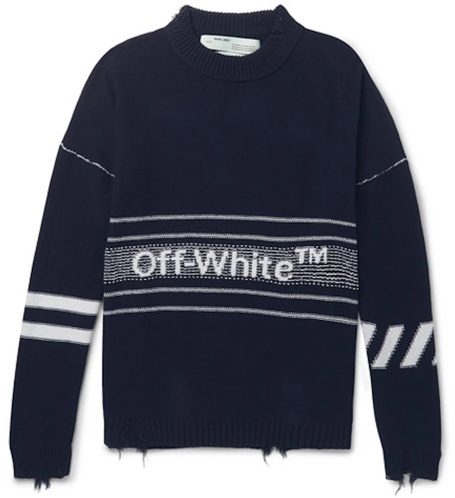 OFF-WHITE Distressed Logo Intarsia Sweater Navy Men's - SS19 - US