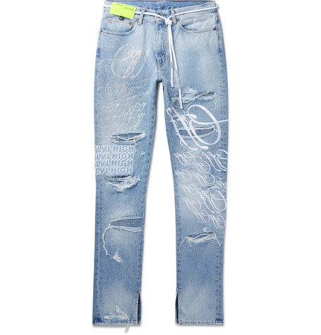 OFF-WHITE EV BRAVADO Crystal Distressed Denim Jeans Light Blue ...