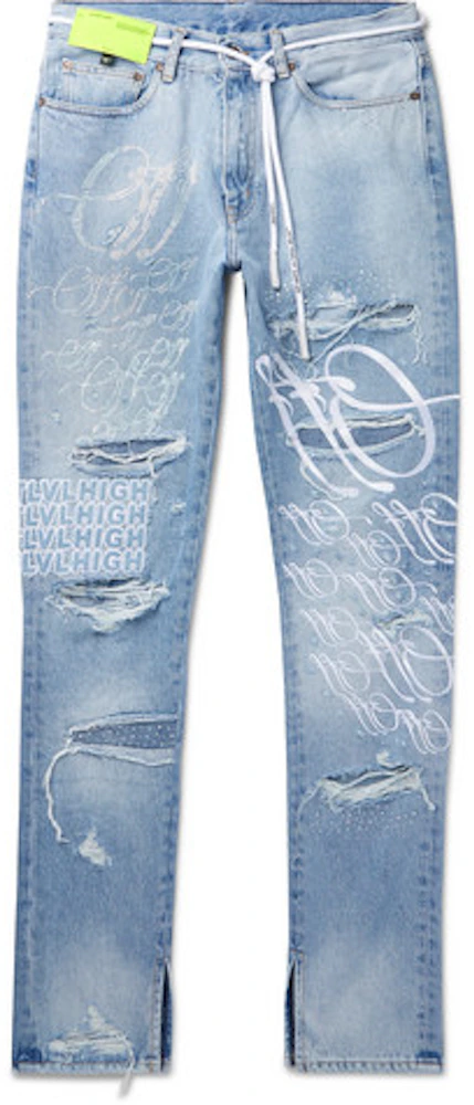 OFF-WHITE EV BRAVADO Crystal Distressed Denim Jeans Light Blue Men's ...