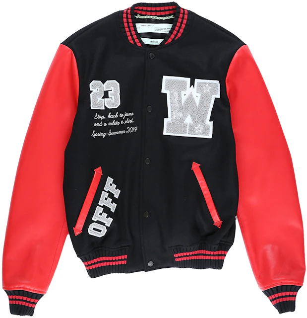 OFF-WHITE Eagle Logo Leather Sleeve Varsity Jacket Black/Red/White - SS19