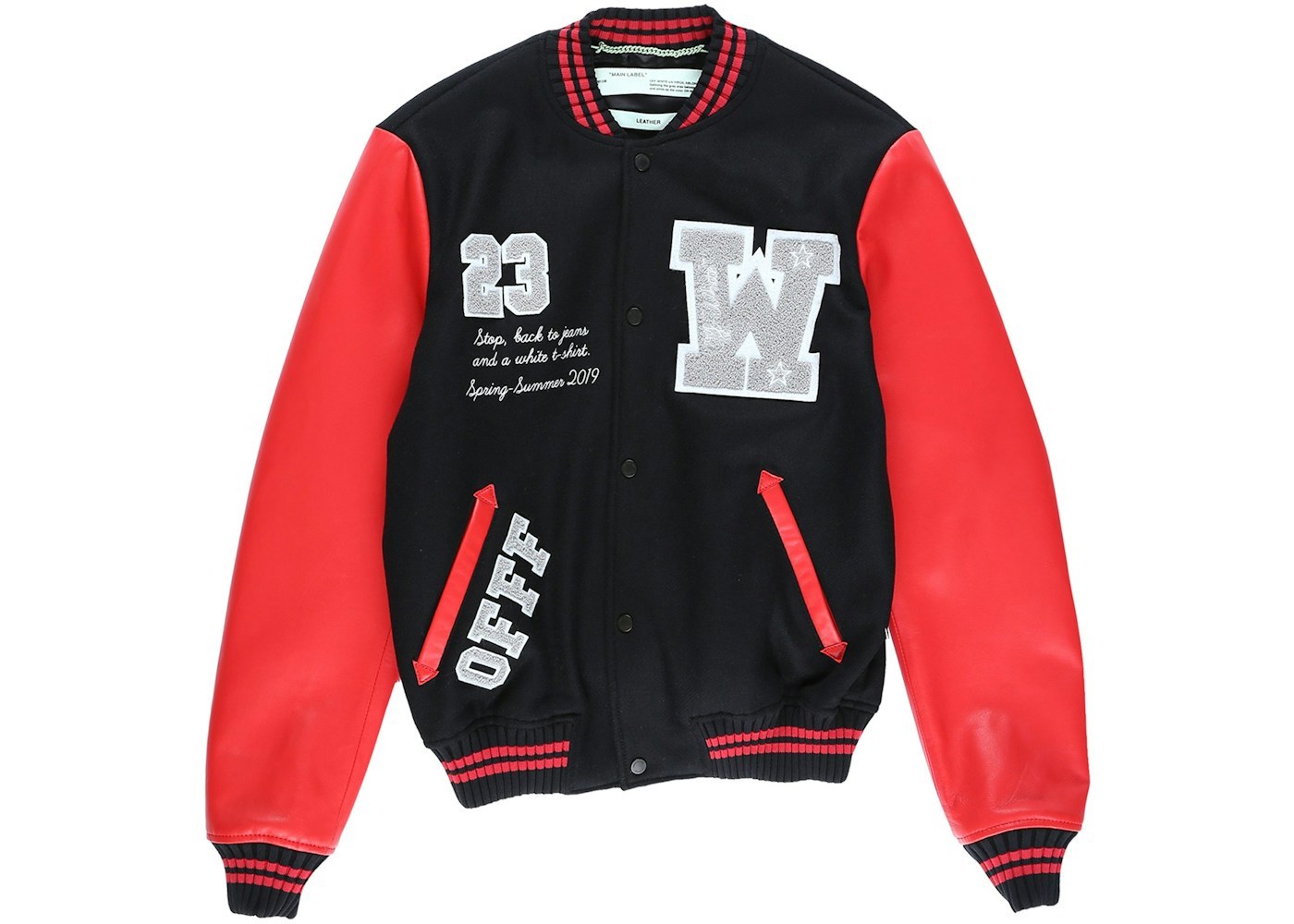 OFF WHITE Eagle Logo Leather Sleeve Varsity Jacket Black Red White SS19 off-white-eagle-logo-leather-sleeve-varsity-jacket-black-red-white-ss19