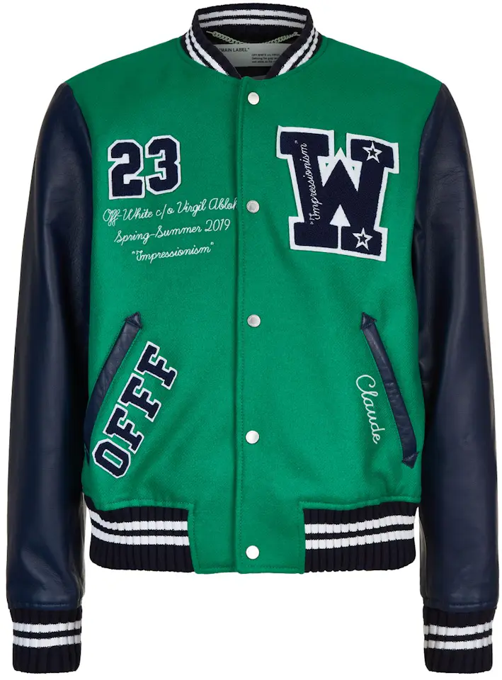 OFF-WHITE Eagle Logo Leather Sleeve Varsity Jacket Green/Navy/White Men's - SS19 - US