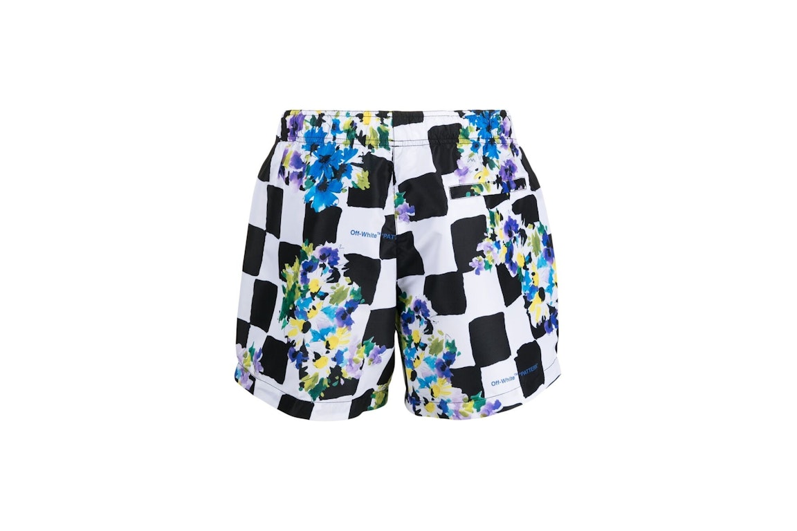 Pre-owned Off-white Floral-print Checked Swim Shorts Black/white-multi