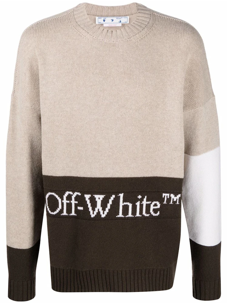 OFF-WHITE Knitted Color Block Logo Intarsia Jumper Beige/Brown/White ...