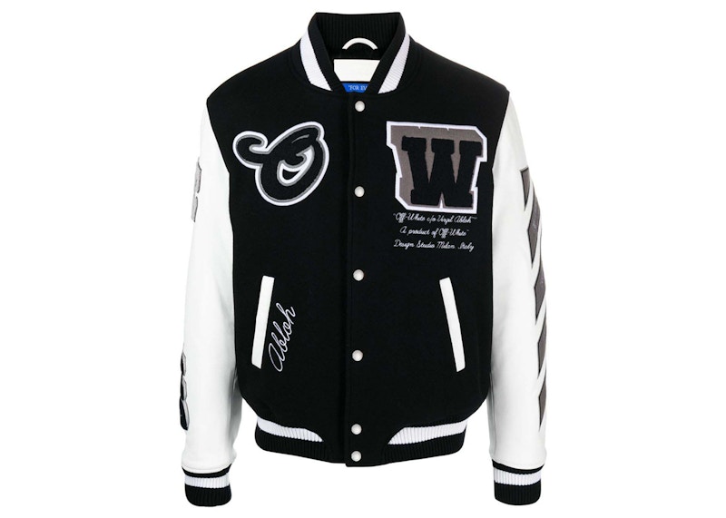 Pre-owned Off-white Men's Off Off Lea Applique Varsity Jacketin Black/white In Multi