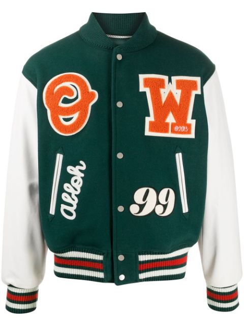 OFF-WHITE Leather Logo Patch Varsity Jacket Dark Green/Orange ...