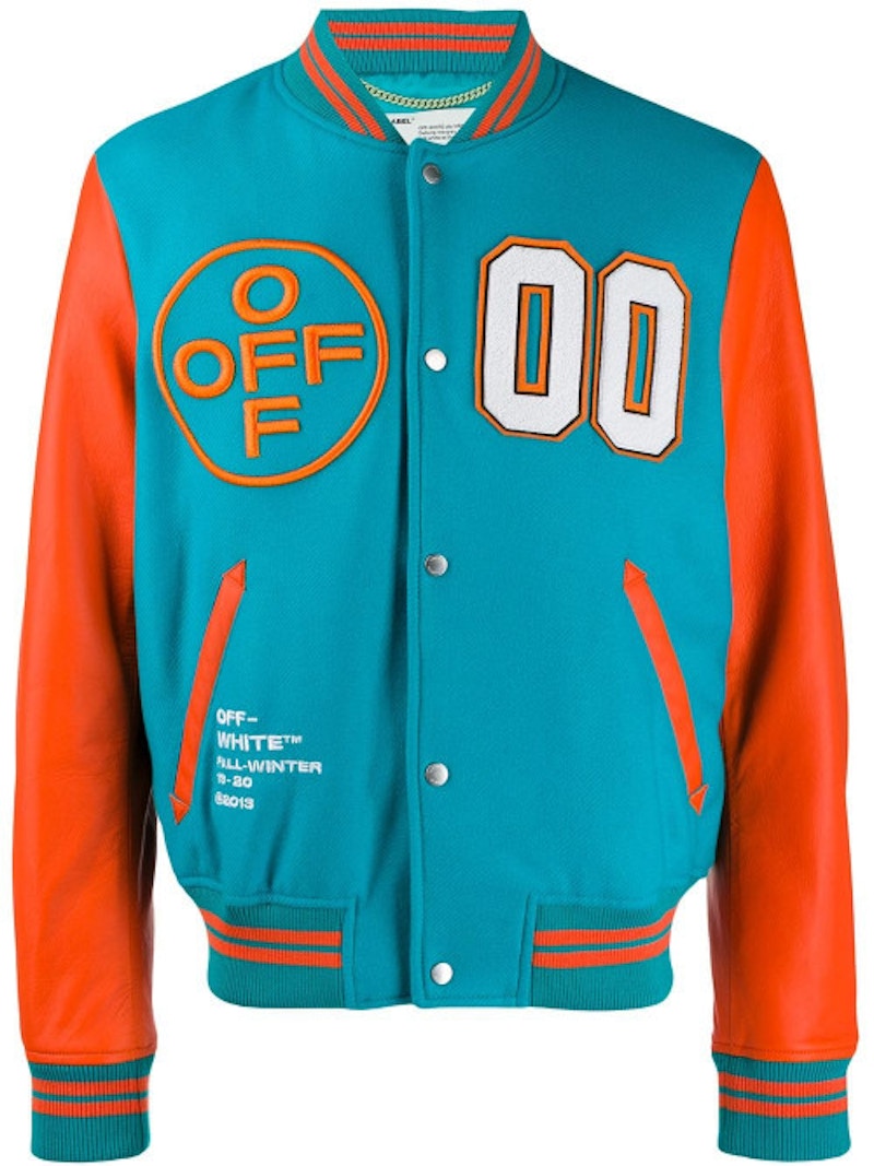 OFF-WHITE Leather Varsity Jacket Blue Acqua/Multicolor メンズ