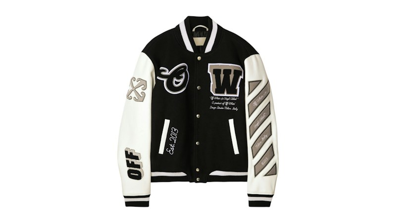 Chaqueta universitaria de lana y cuero OFF-WHITE negra
