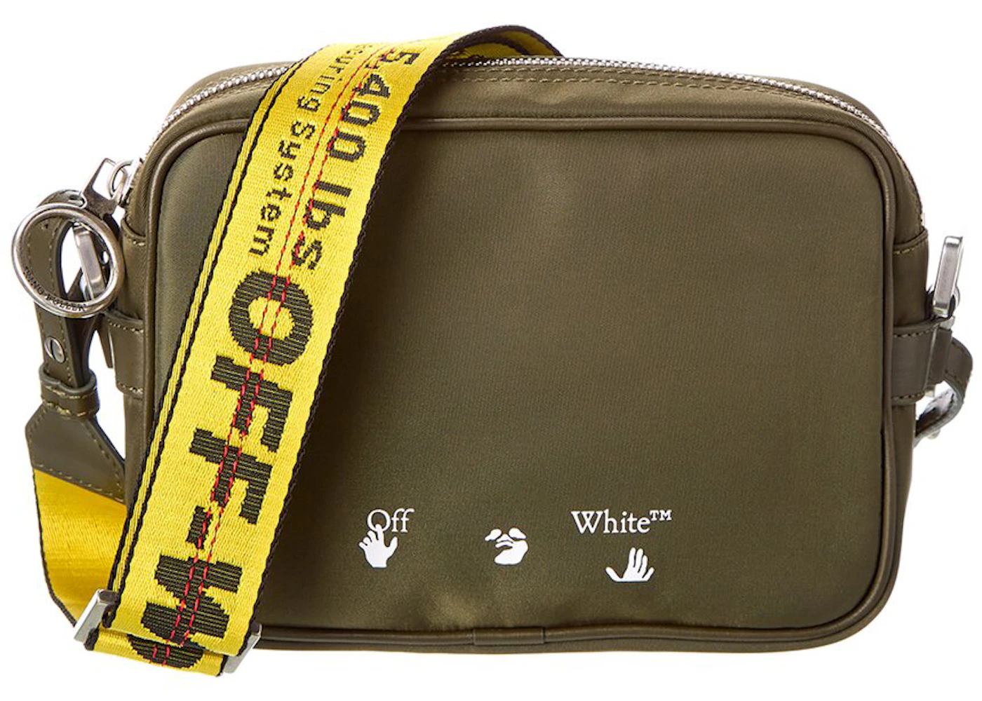 OFF-WHITE Logo Print Crossbody Bag Green in Canvas/Leather with Silver-tone  - US