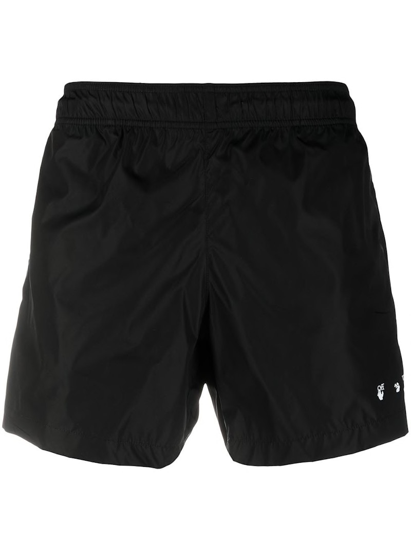 Pre-owned Off-white Men's Offwhite Logo Print Quote Motif Swim Shorts In Black
