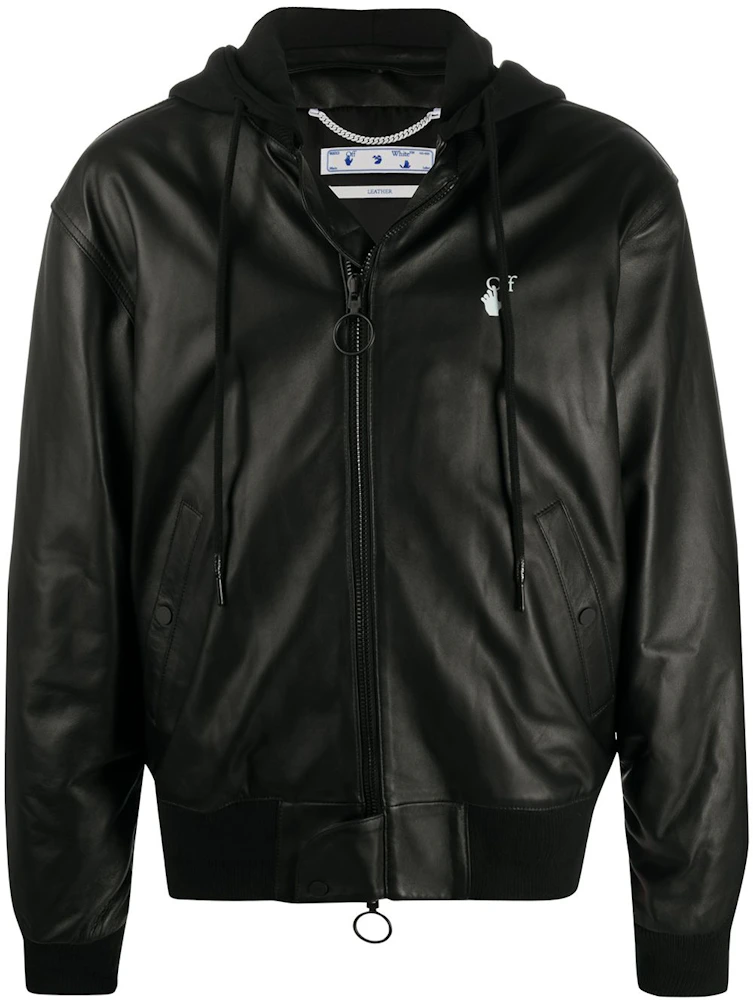 OFF-WHITE New Logo Leather Hooded Bomber Jacket Black/White Men's ...