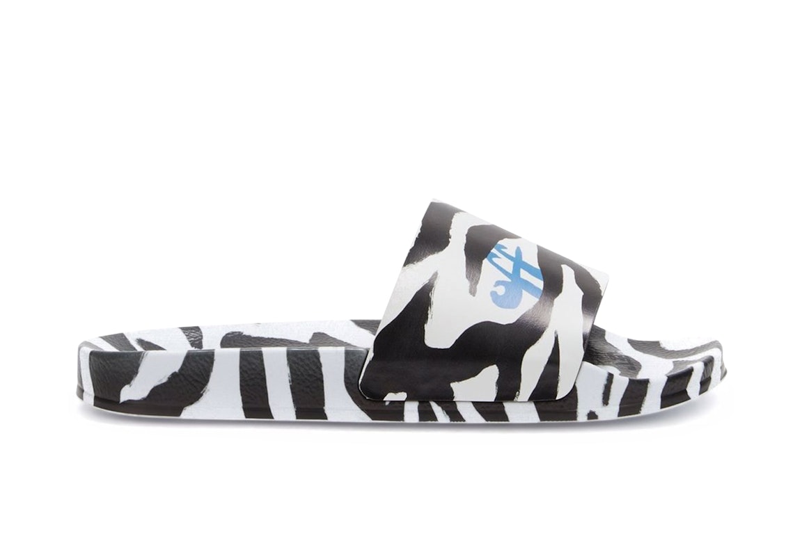 Pre-owned Off-white Pool Slides Zebra Print Black White Blue (women's) In Black/white/blue