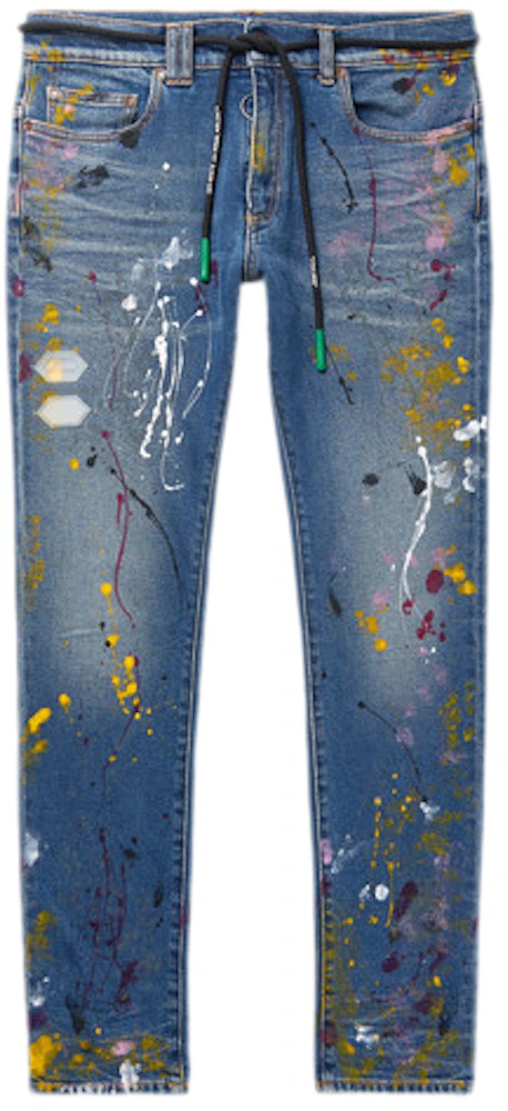 OFF-WHITE Skinny Fit Paint Splattered Denim Jeans Blue/Multicolor Men's ...
