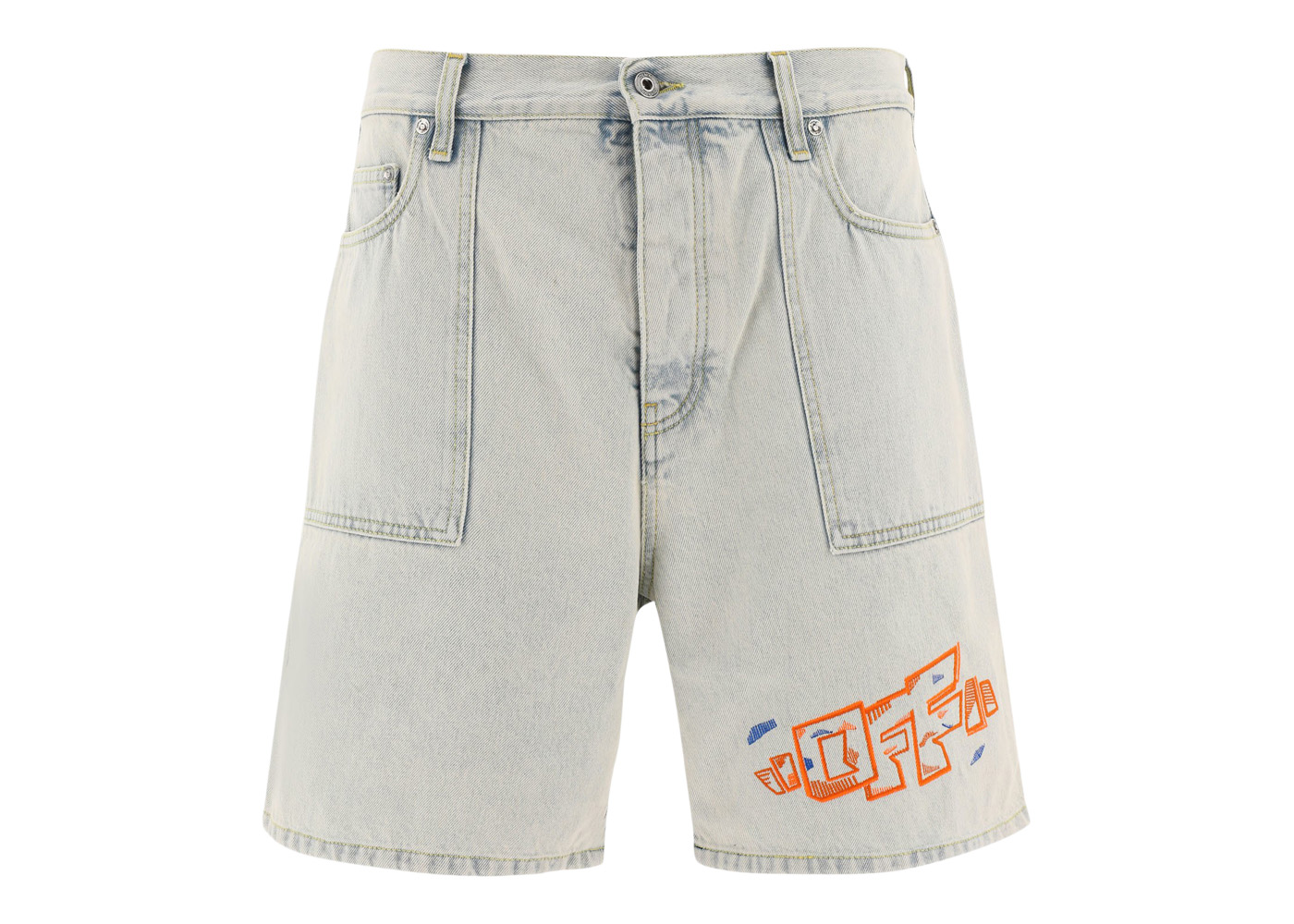 OFF-WHITE Utility Embroidered-Logo Denim Shorts Light Blue/Orange