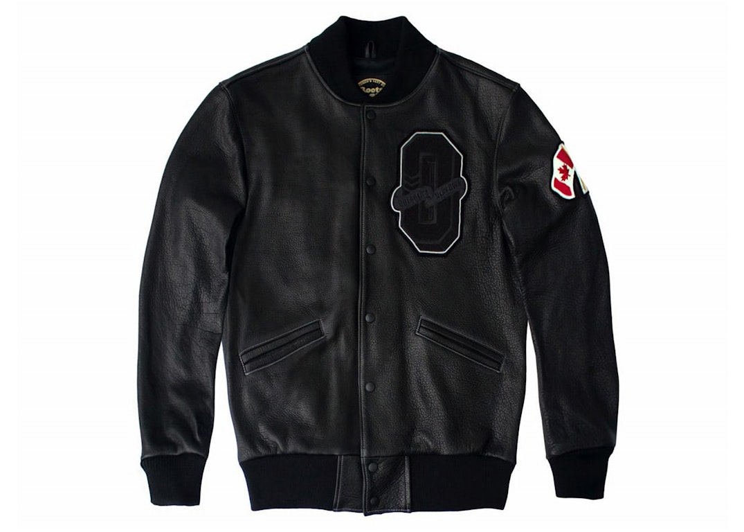 Pre-owned Ovo X Roots October Bison Leather Varsity Jacket Black